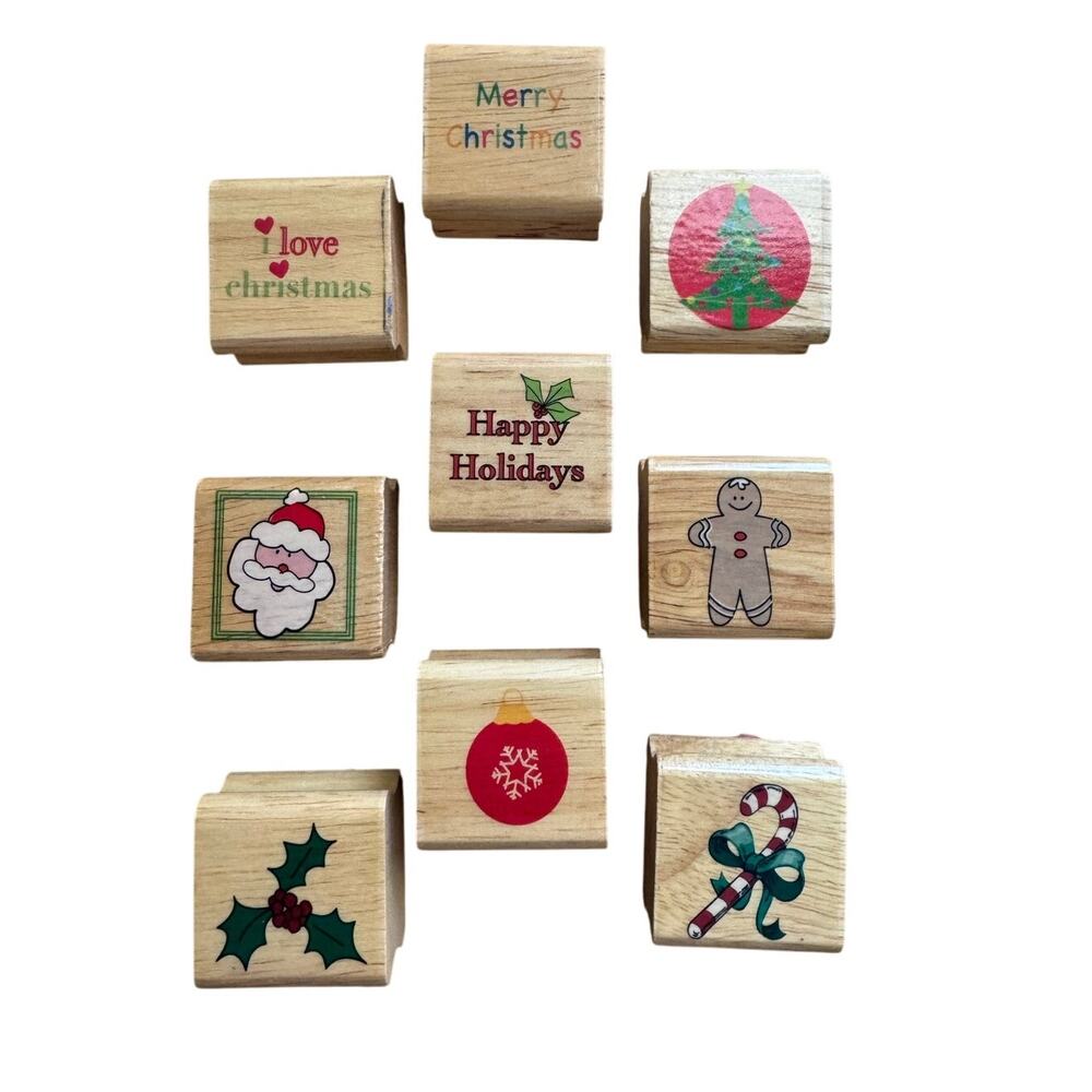 Set‎ of 9 Wood Rubber Stamps Christmas Holiday Arts Crafts Santa Ginger Bread